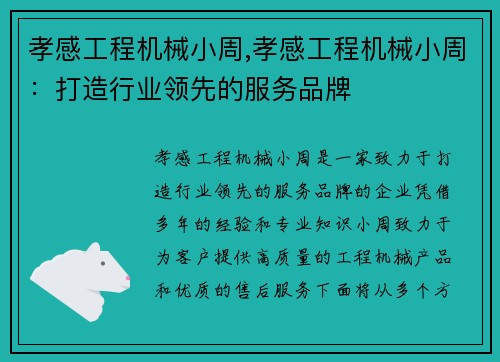 孝感工程机械小周,孝感工程机械小周：打造行业领先的服务品牌